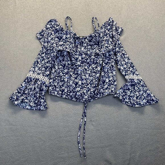 iz BYER Women's Blue Ruffled Blouse Top Size M,Floral Blue - Picture 1 of 9